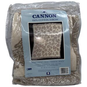 Vtg Cannon Cotton Throw Blanket 50x60in Beige Leaves Nature NOS Woven USA